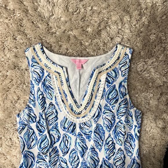 Lilly Pulitzer Harper Dress White Drop in Blue Gold Embroidery Shells - Small - Picture 2 of 8